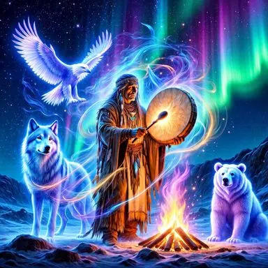 magnétisme et chamanisme – chaman canalisant l'énergie de la nature sous un ciel étoilé