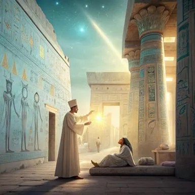 magnétisme dans l'Égypte antique – prêtre guérisseur canalisant l'énergie Ka dans un temple