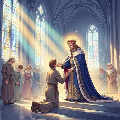 magnétisme médiéval – roi pratiquant le toucher royal de guérison dans une cathédrale