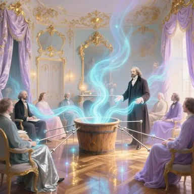 Franz Mesmer et le baquet – séance de magnétisme animal dans un salon parisien du XVIIIe siècle