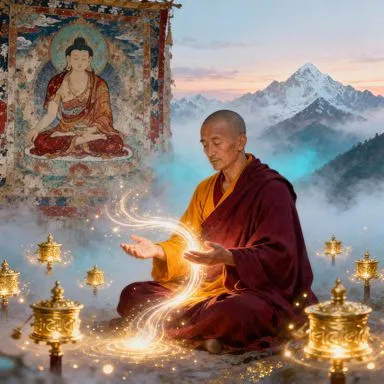 magnétisme au Tibet – moine pratiquant le soin par le rlung, souffle vital tibétain