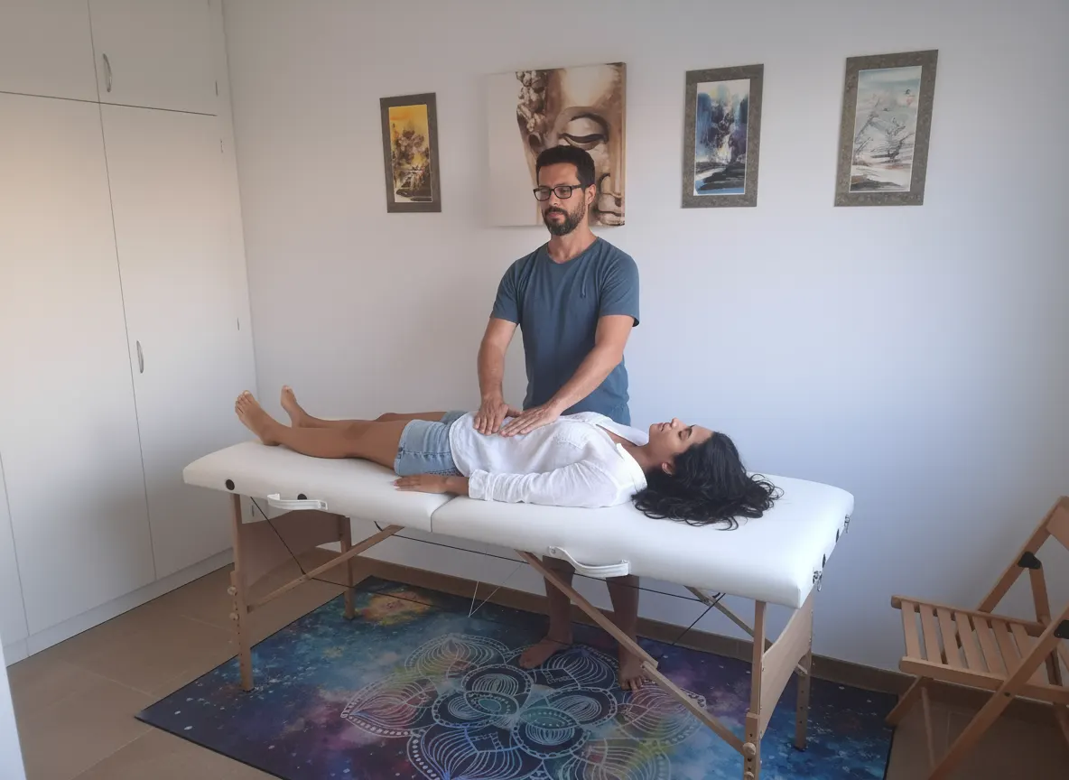 David Gana pendant une séance de magnétisme, la personne allongée et habillée sur la table de soin
